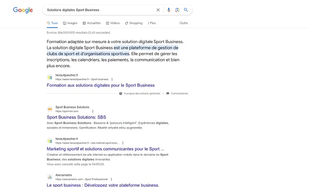 Requête dans le moteur de recherche Google sur l'expression clé Solutions digitales Sport Business